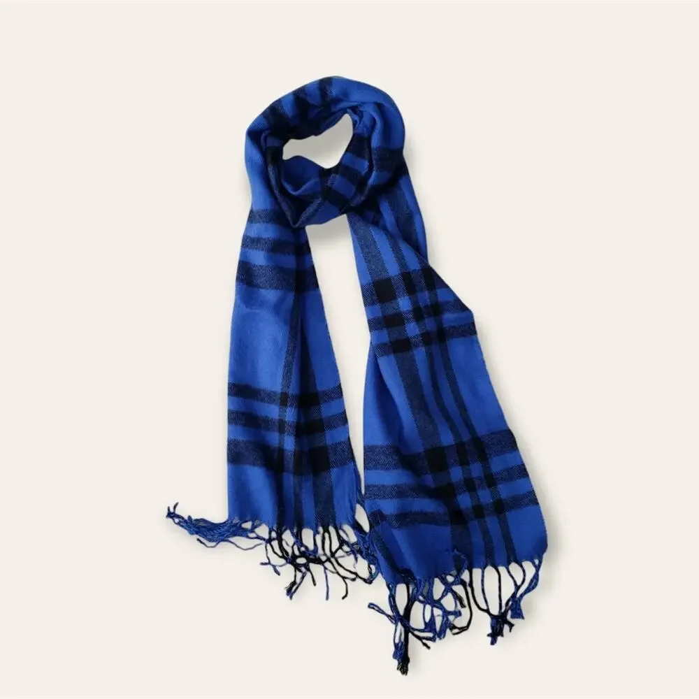 Womens scarf lot fringe black blue plaid OS